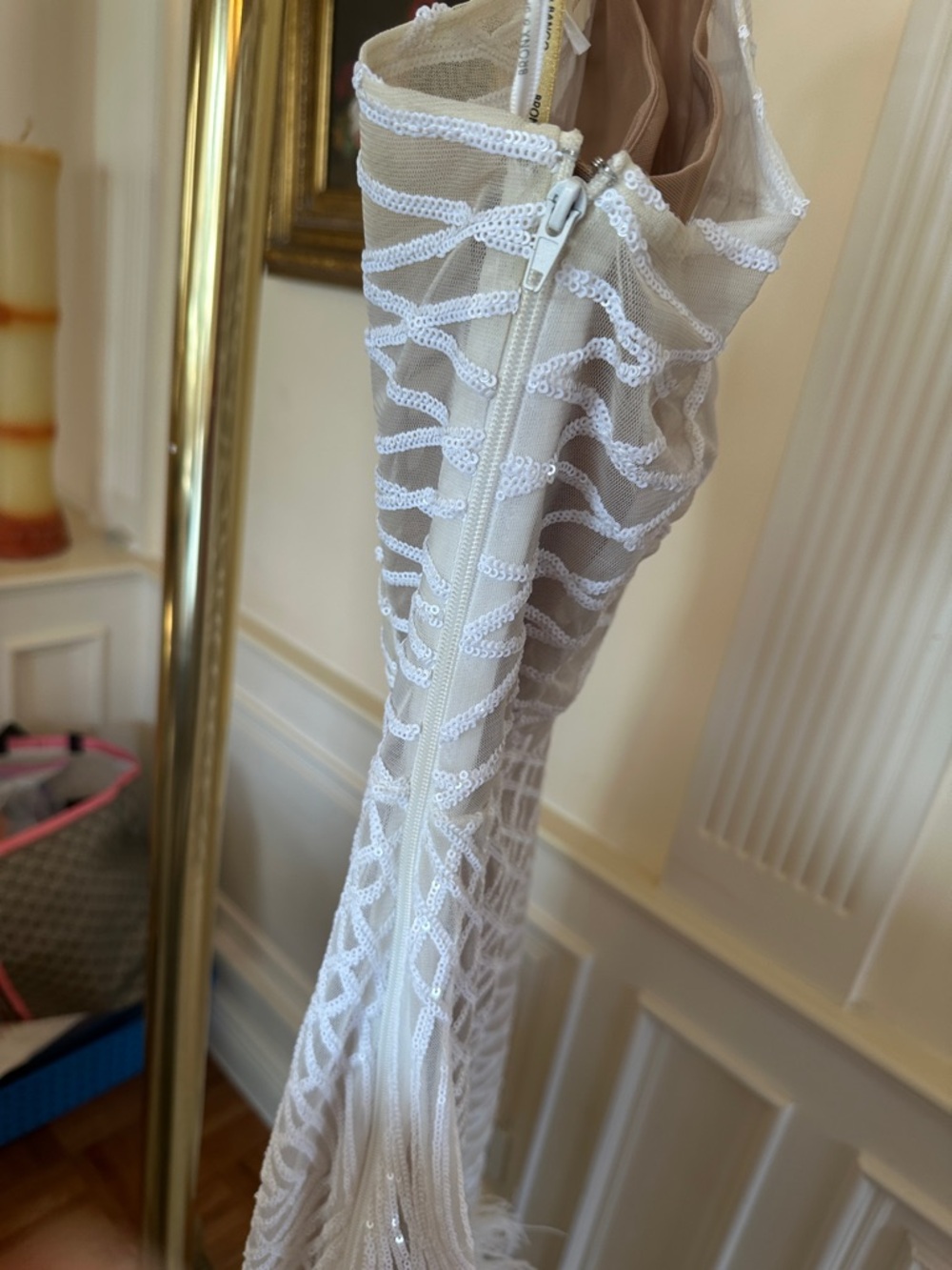 Bronx and Banco White One-Shoulder High-Low Feather Trim Dress - Picture 6 of 9